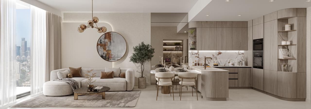 Pearl House 4 By Imtiaz A modern, stylish living room and kitchen featuring neutral tones, a circular painting, and large windows with city views.